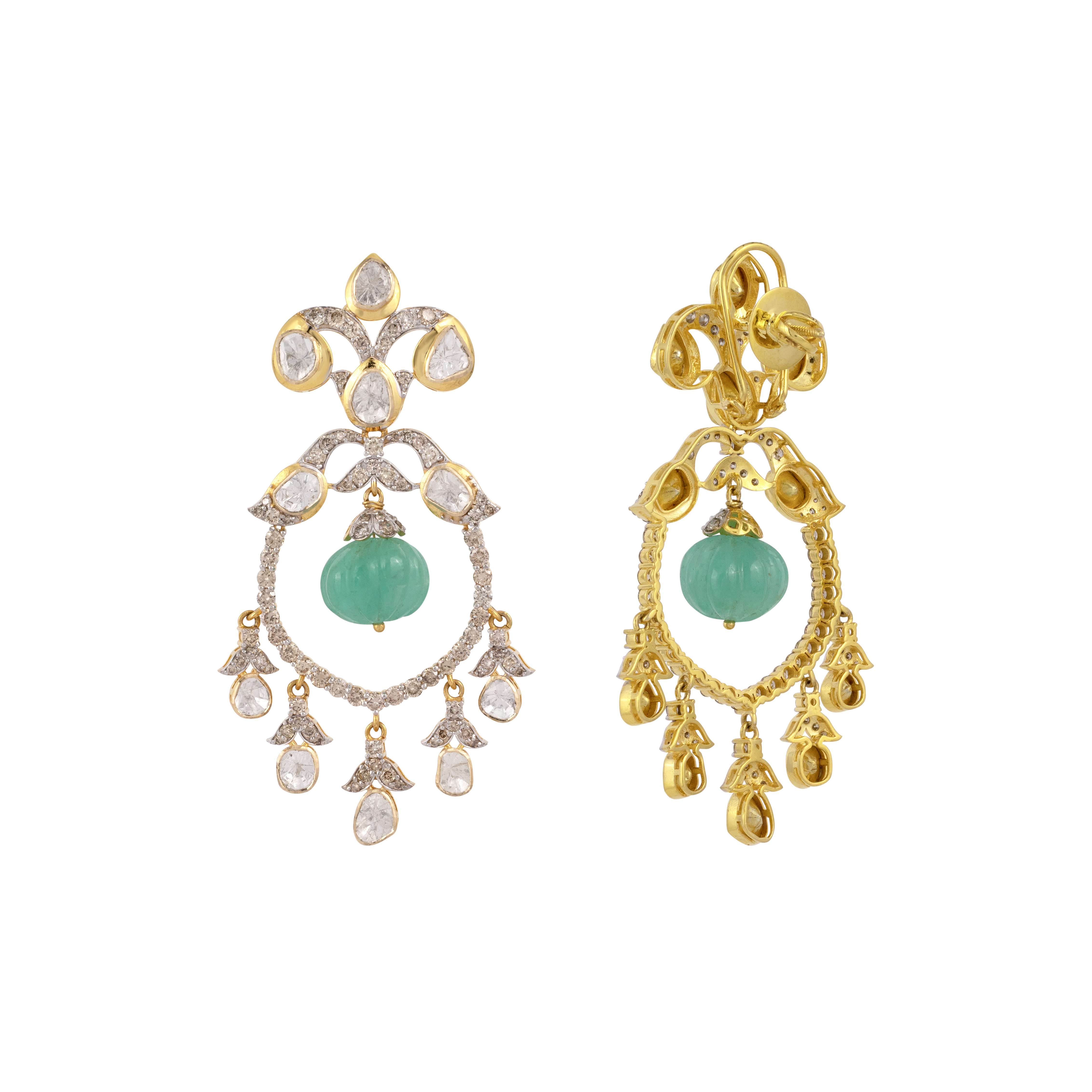 Polki Earring with Carved Emerald Melon Drop